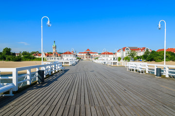 Wooden pier in Sopot seaside town in summer, Baltic Sea, Poland
