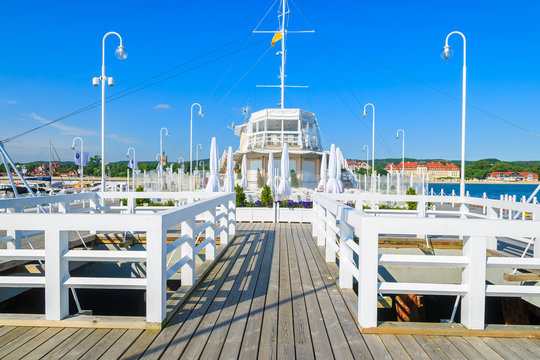 Wooden pier in Sopot seaside town in summer, Baltic Sea, Poland