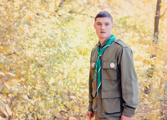 Portrait of Boy Scout in Forest on Sunny Day - obrazy, fototapety, plakaty