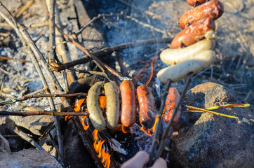 Sausages and Weiners on Stick Cooking over Fire