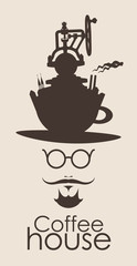 mustached man with a cup on his head and the words coffee house
