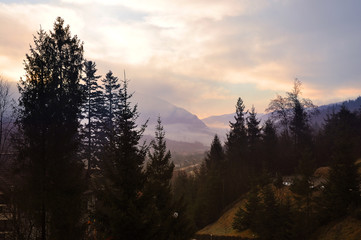 Carpathians, Ukraine - March 2, 2015: Morning in the Carpathians
