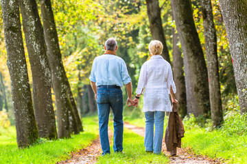 Senior Mann und Frau halten Hand bei Spaziergang