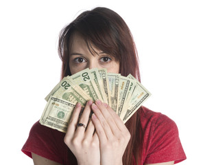 Woman Covering Half Face with 20 US Dollar Bills