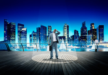 Spotlight Businessman Weary Contemplation Cityscape Concept
