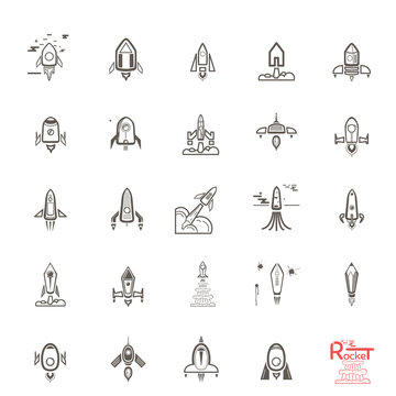Rocket icons, set sketches, doodles