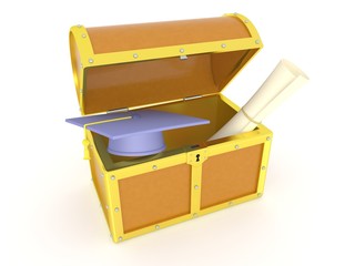 3D Treasure Chest with Diploma and Graduation Cap