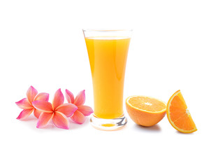 colorful plumeria flower and Orange juice isolated on white