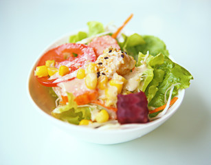 Fresh Vegetable and Grain Salad in White Bowl with Retro Filter.