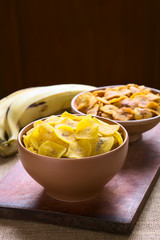 Bowls of salty (front) and sweet (back) plantain chips