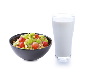 glass of milk and Healthy breakfast with muesli