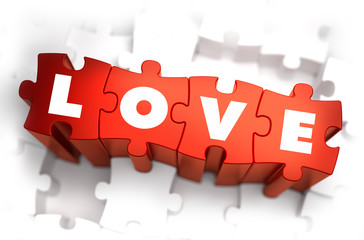 Love - Text on Red Puzzles with White Background.