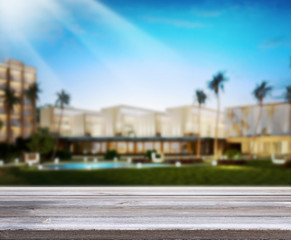 Obraz premium Table Top And Blur Building Background