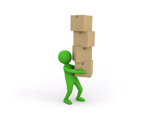3d small person holding some heavy stack of cardboard boxes
