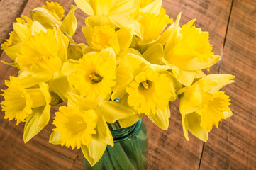 Bouquet of yellow daffodil flowers in a jar