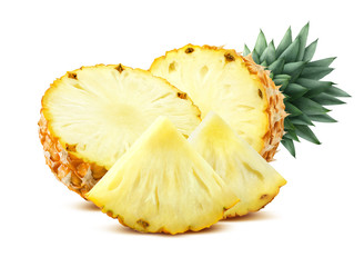 Pineapple pieces isolated on white background flat composition