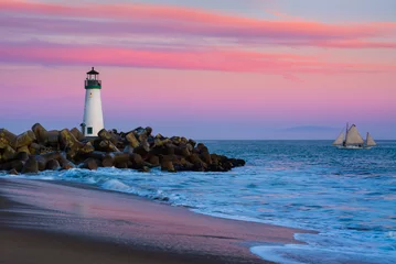 Keuken foto achterwand Vuurtoren Walton Lighthouse in Santa Cruz, Californië bij zonsondergang