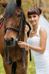 Beautiful bride and a horse in the park