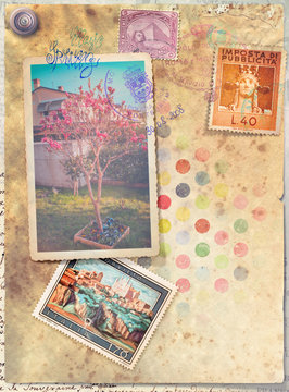 Old fashioned postcard with flowers of spring and stamps series