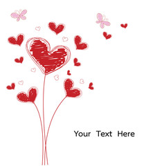 grunge and doodle red heart flower with pink butterfly isolated