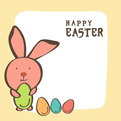 Happy Easter celeration greeting card with cute bunny and eggs.