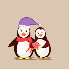 Cute cartoon of happy penguin couple.