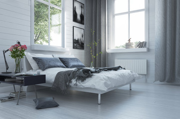 Luxury grey and white modern bedroom interior