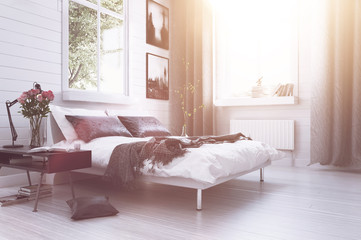 Warm sunlight in a modern luxury bedroom