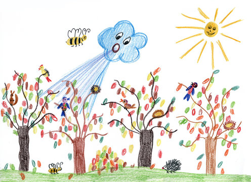 Kinderzeichnung - Herbstwind im Garten