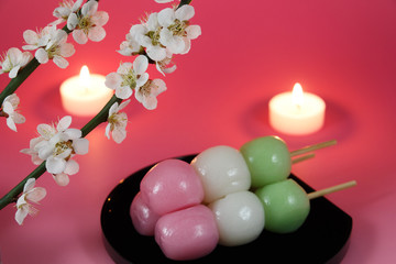 Obraz na płótnie Canvas Japanese dumpling with Ume (Japanese plum) blossoms and candles