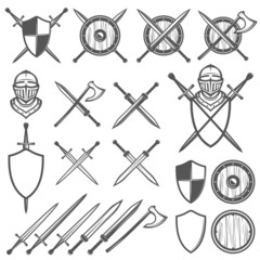Set of medieval swords, shields and design elements