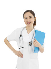 Female medical doctor standing with a folder in her hand, portra