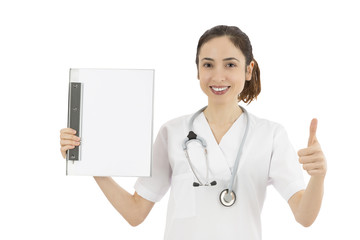 Female doctor showing blank clipboard and giving thumbs up