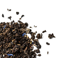 Dried Tea leaves isolated on a white background close up with co