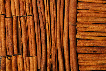 Cinnamon sticks on wooden background full frame