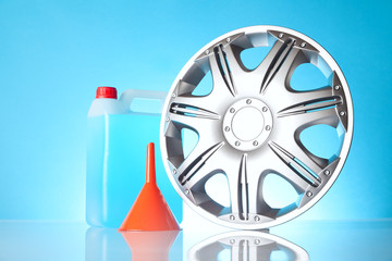windshield washer fluid, alloy wheel and funnel