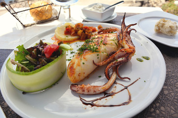 Macro Close up of grilled calamari and vegetables
