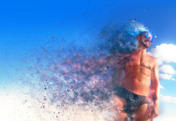 Aesthetic Fitness Man with particles explosion into the wind.