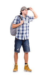 Young traveler with rucksack isolated on white