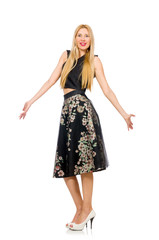 Fototapeta premium Woman in floral dark skirt isolated on white