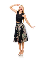 Naklejka premium Woman in floral dark skirt isolated on white