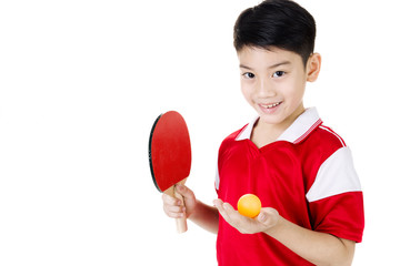 Portrait of Happy asian boy play table tennis