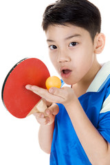Portrait of Happy asian boy play table tennis