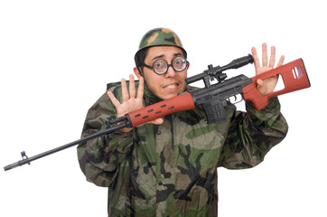 Fototapeta premium Military man with a gun isolated on white
