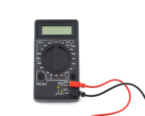 Turned off digital multimeter isolated on white closeup
