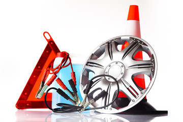 car accessories and road emergency items - obrazy, fototapety, plakaty