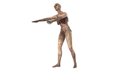 Walking dead zombie woman isolated on white background