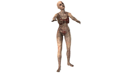 Walking dead zombie woman isolated on white background