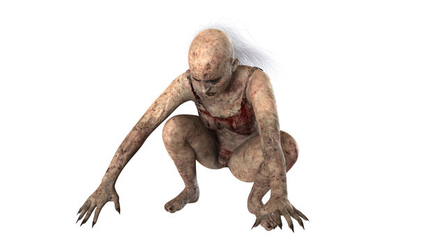 Walking dead zombie woman isolated on white background
