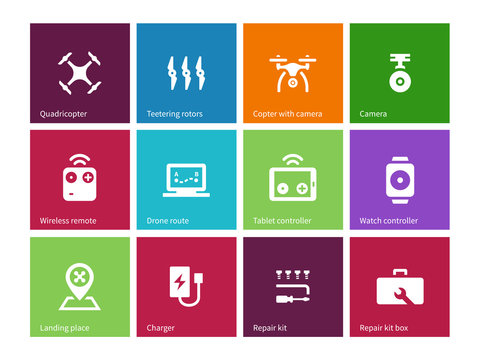 Rotorcraft drone icons on color background.
